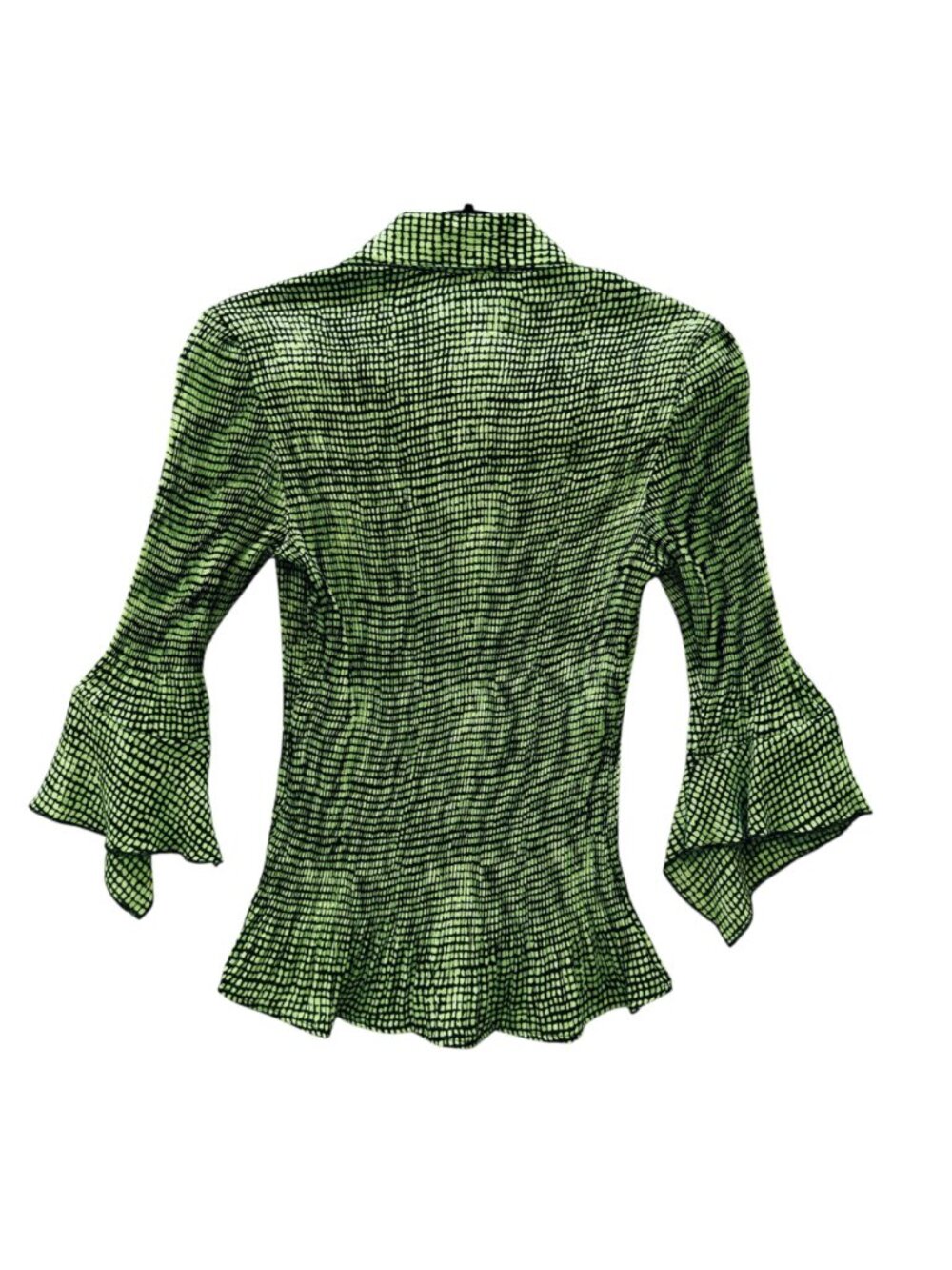 Essentials by Milano Lime Green Black Crinkle Blouse S Witchy Flare Sleeves - Picture 4 of 9